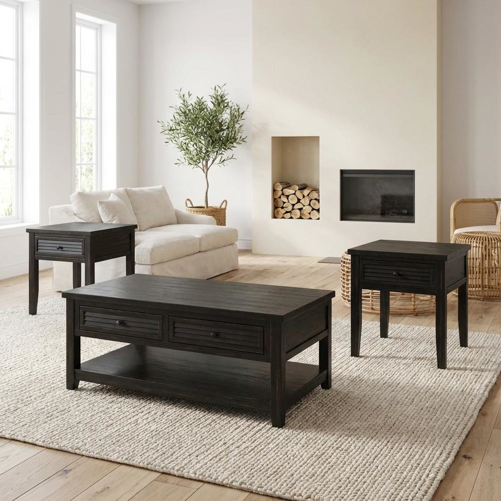 Distressed Java 3-Piece Coffee and End Table Set Farmhouse Style Sturdy Design. Picture 3