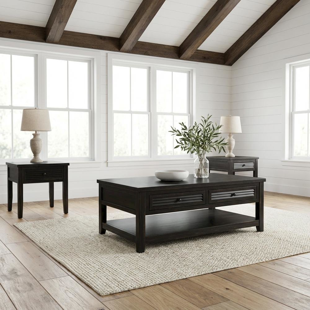 Distressed Java 3-Piece Coffee and End Table Set Farmhouse Style Sturdy Design. Picture 2