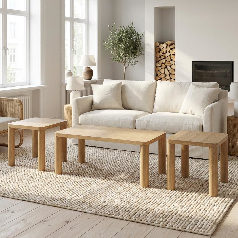 Light Oak 3-Piece Coffee Table Set with Rectangular Top and End Tables. Picture 3