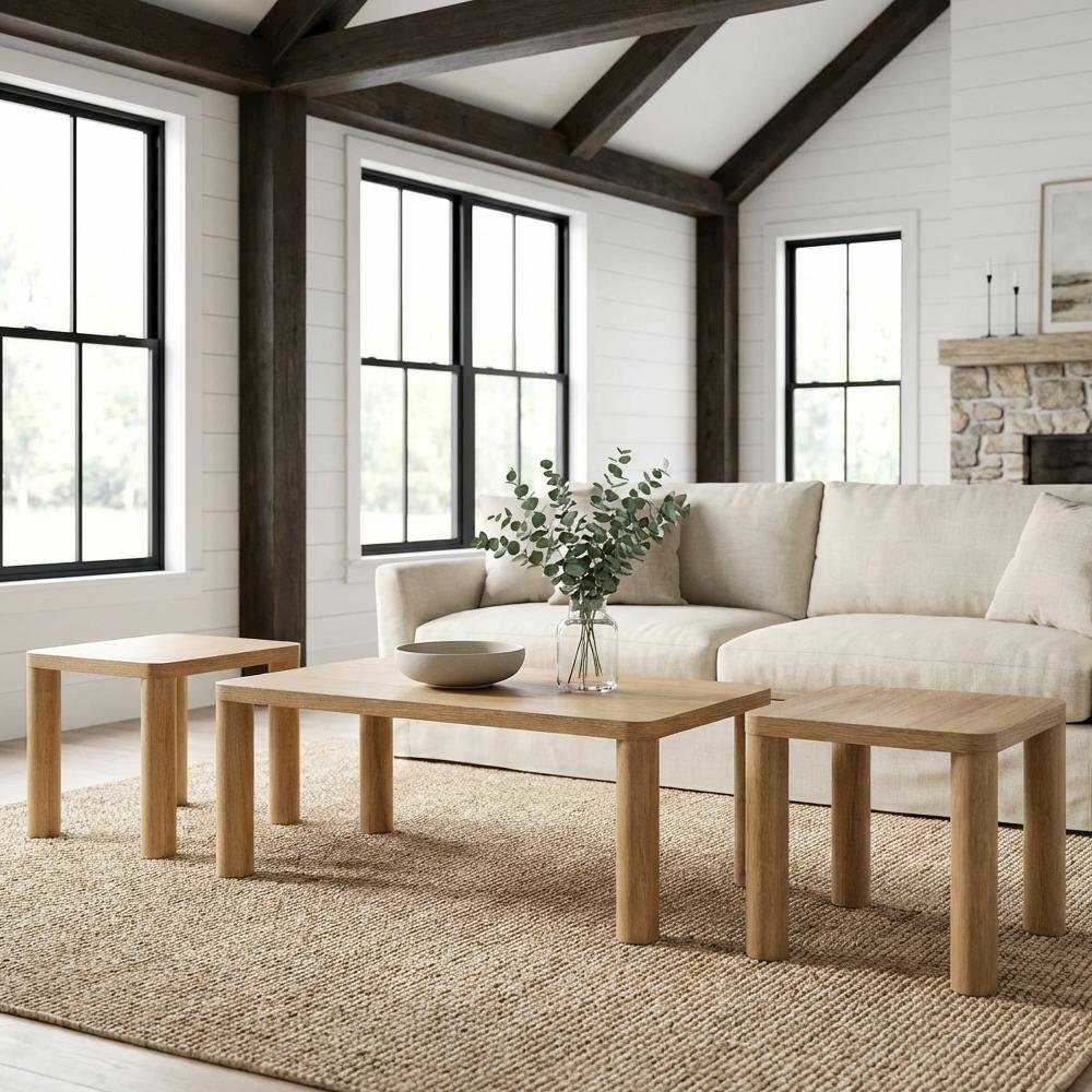 Light Oak 3-Piece Coffee Table Set with Rectangular Top and End Tables. Picture 2