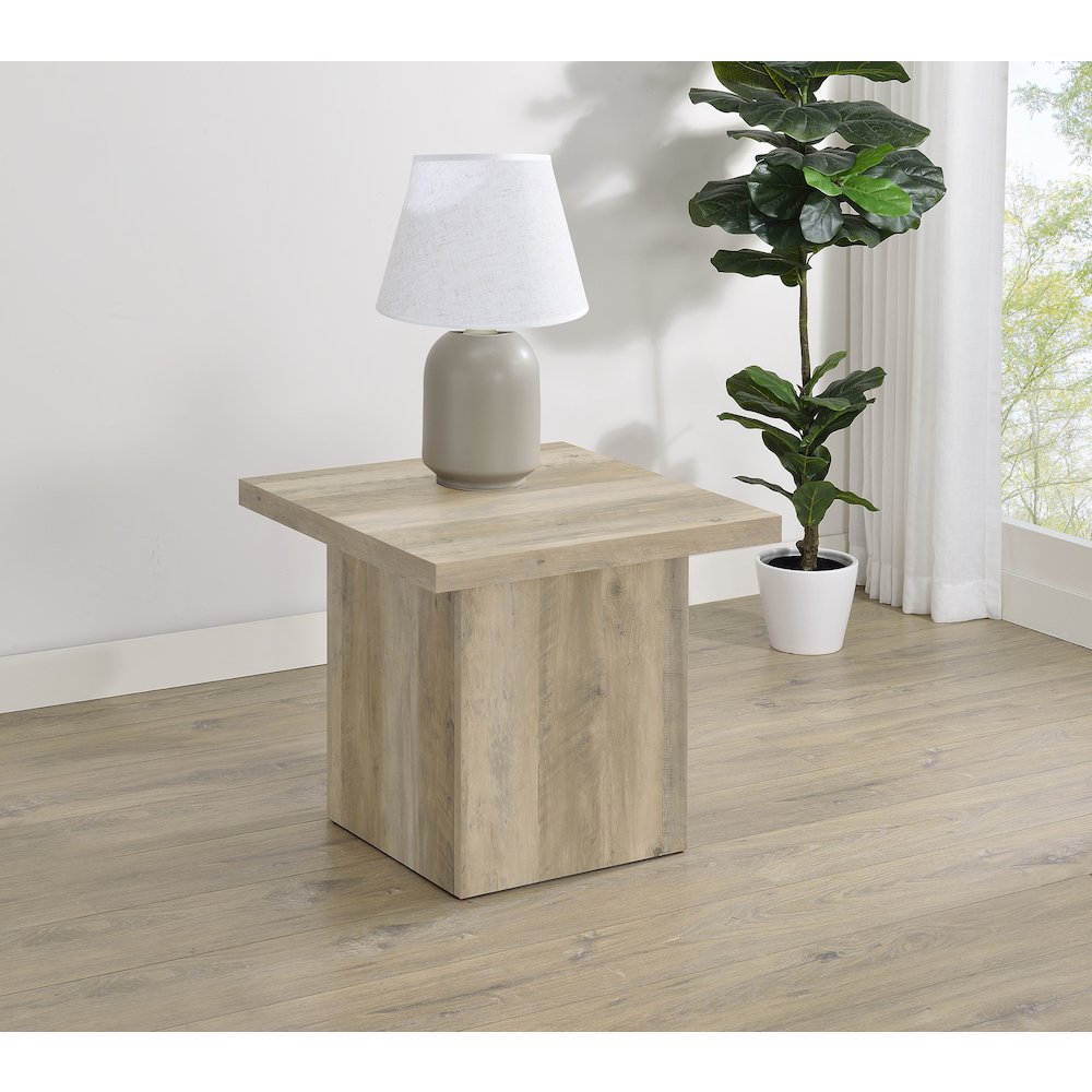 Devar Square Engineered Wood End Table Distressed Pine. Picture 2