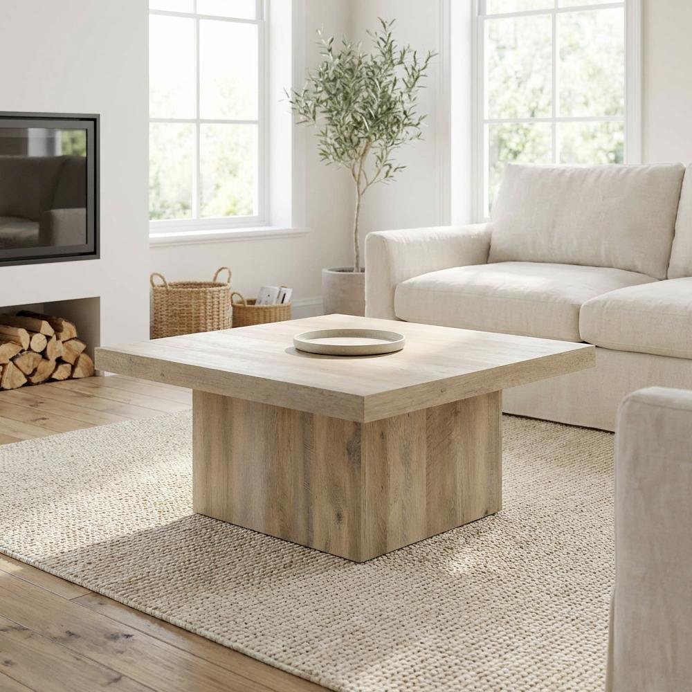 Distressed Pine 2-Piece Square Coffee and End Table Set with Plastic Glides. Picture 3
