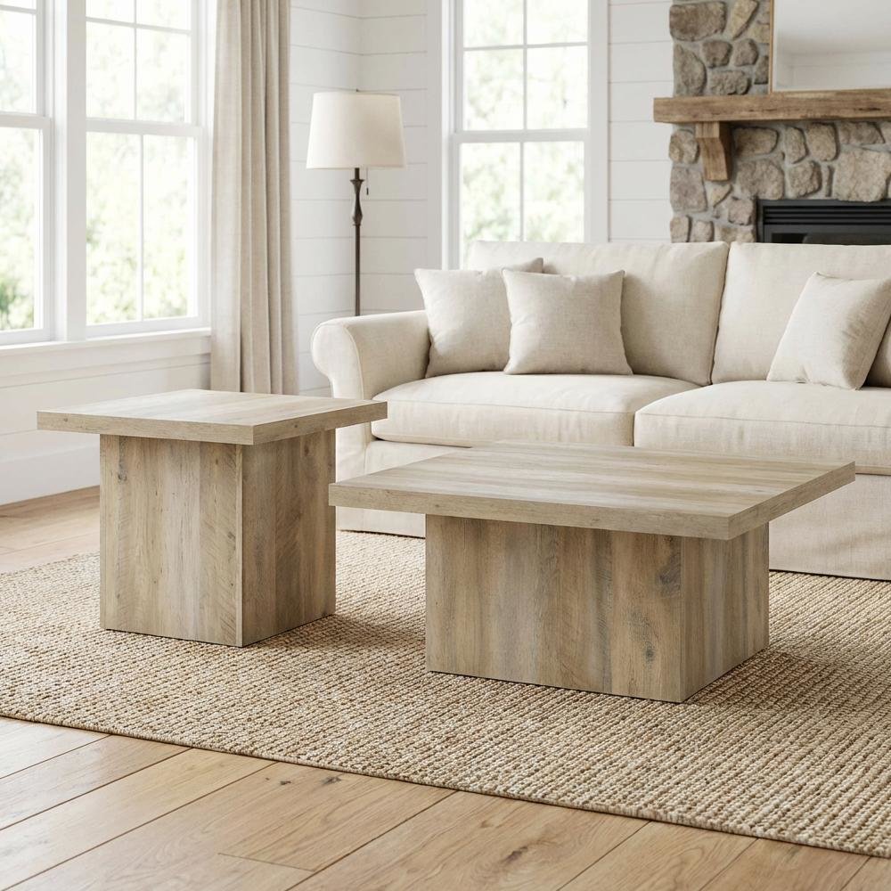 Distressed Pine 2-Piece Square Coffee and End Table Set with Plastic Glides. Picture 2