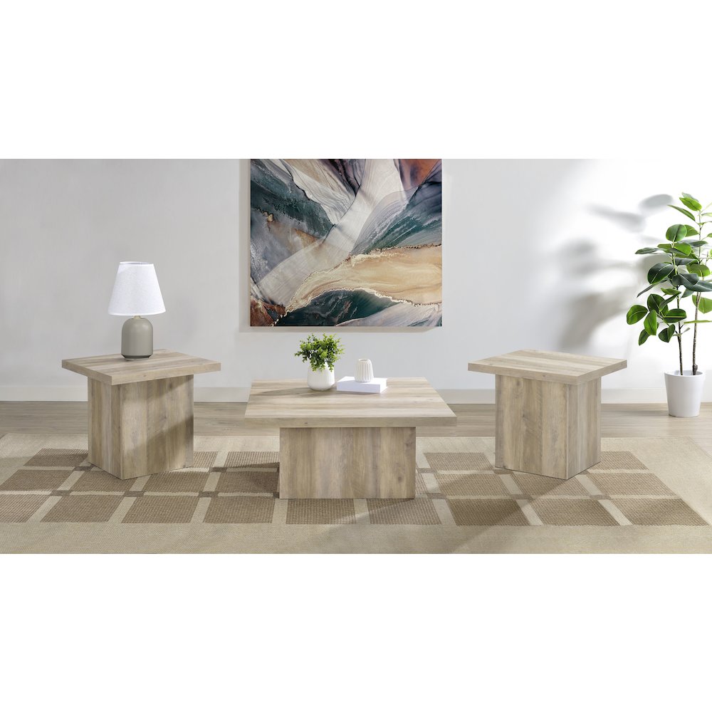 Devar 3-piece Square Coffee End Table Set Distressed Pine. Picture 2