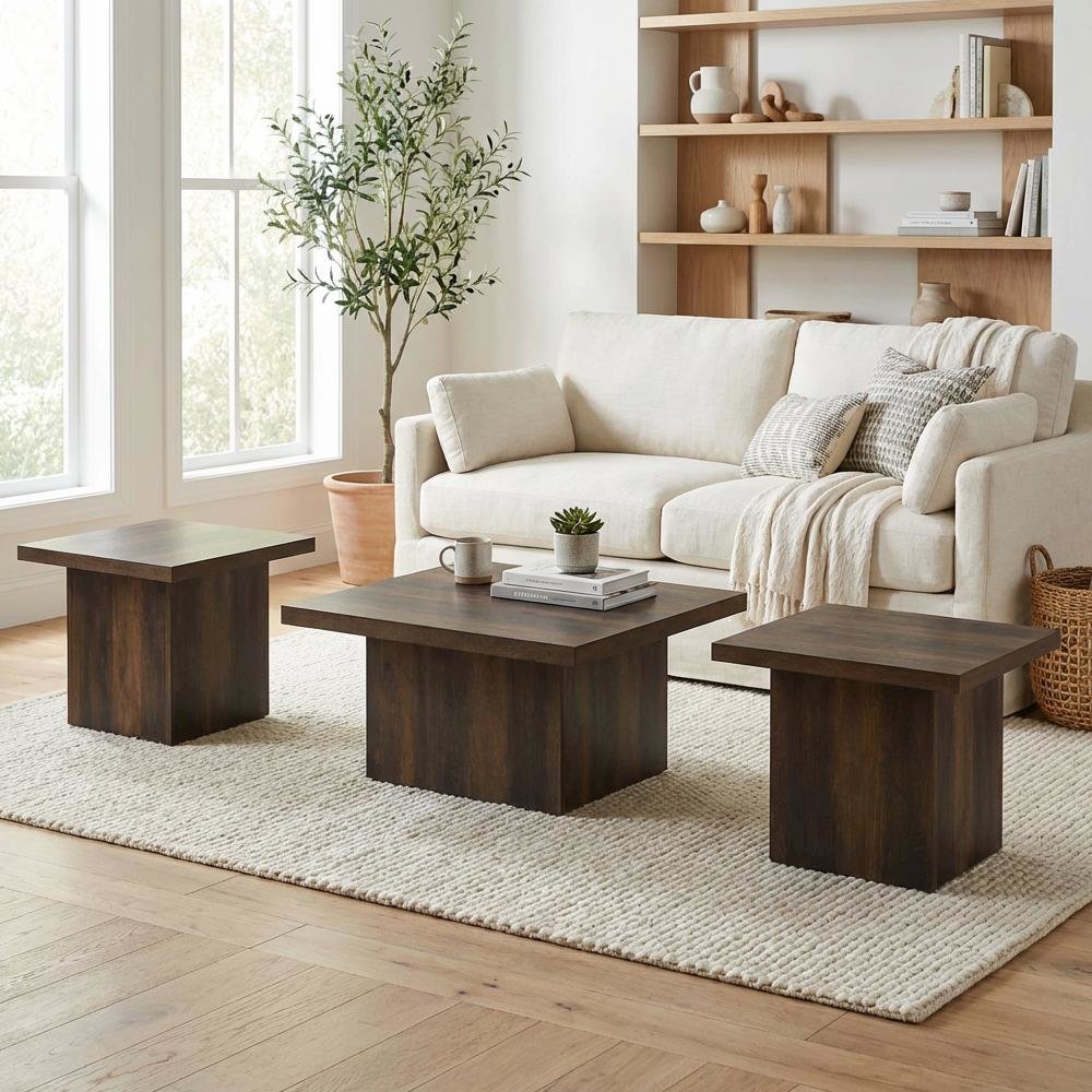 Dark Pine 3-Piece Square Coffee and End Table Set with Plastic Glides. Picture 3