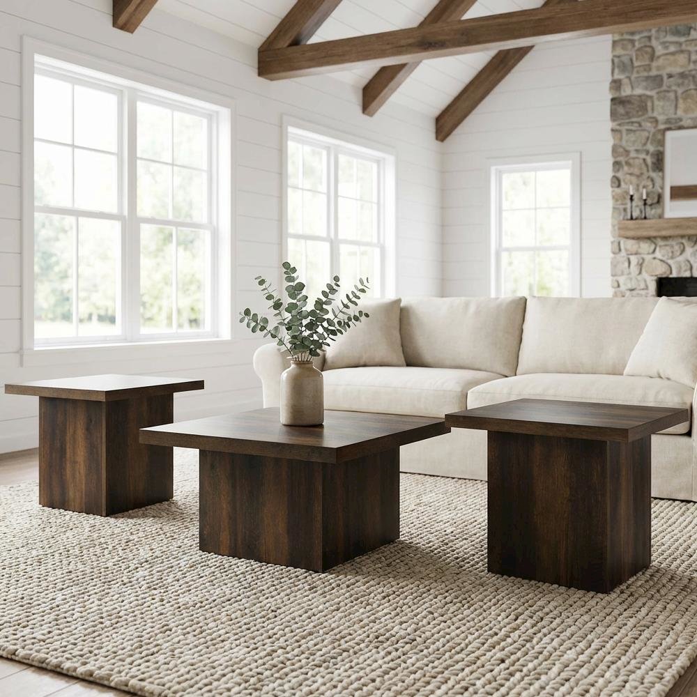 Dark Pine 3-Piece Square Coffee and End Table Set with Plastic Glides. Picture 2