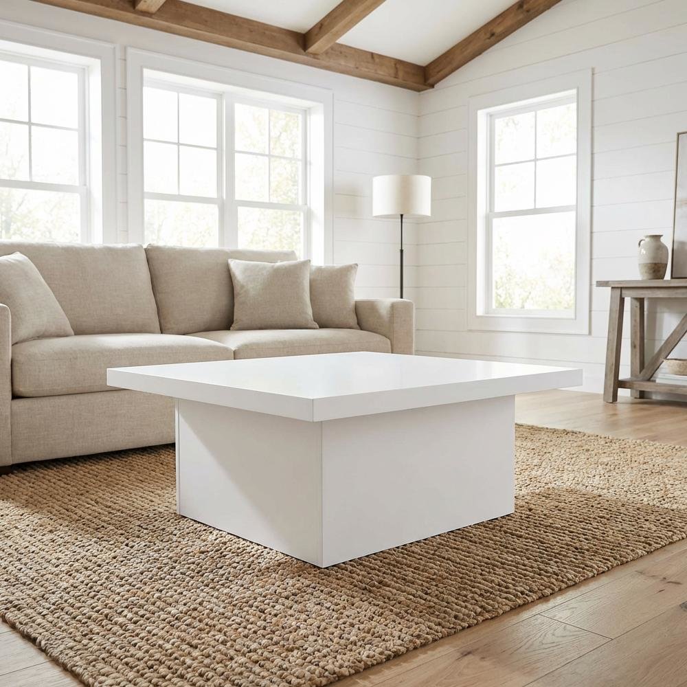 White 2-Piece Square Coffee and End Table Set with High Gloss Finish. Picture 2