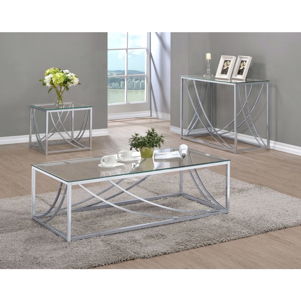 Lille 3-piece Glass Top Coffee End Sofa Table Set Chrome. Picture 3