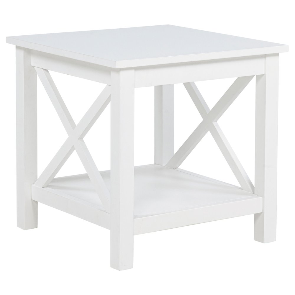 Skyview Square Pine Wood Side End Table with Shelf White. Picture 1