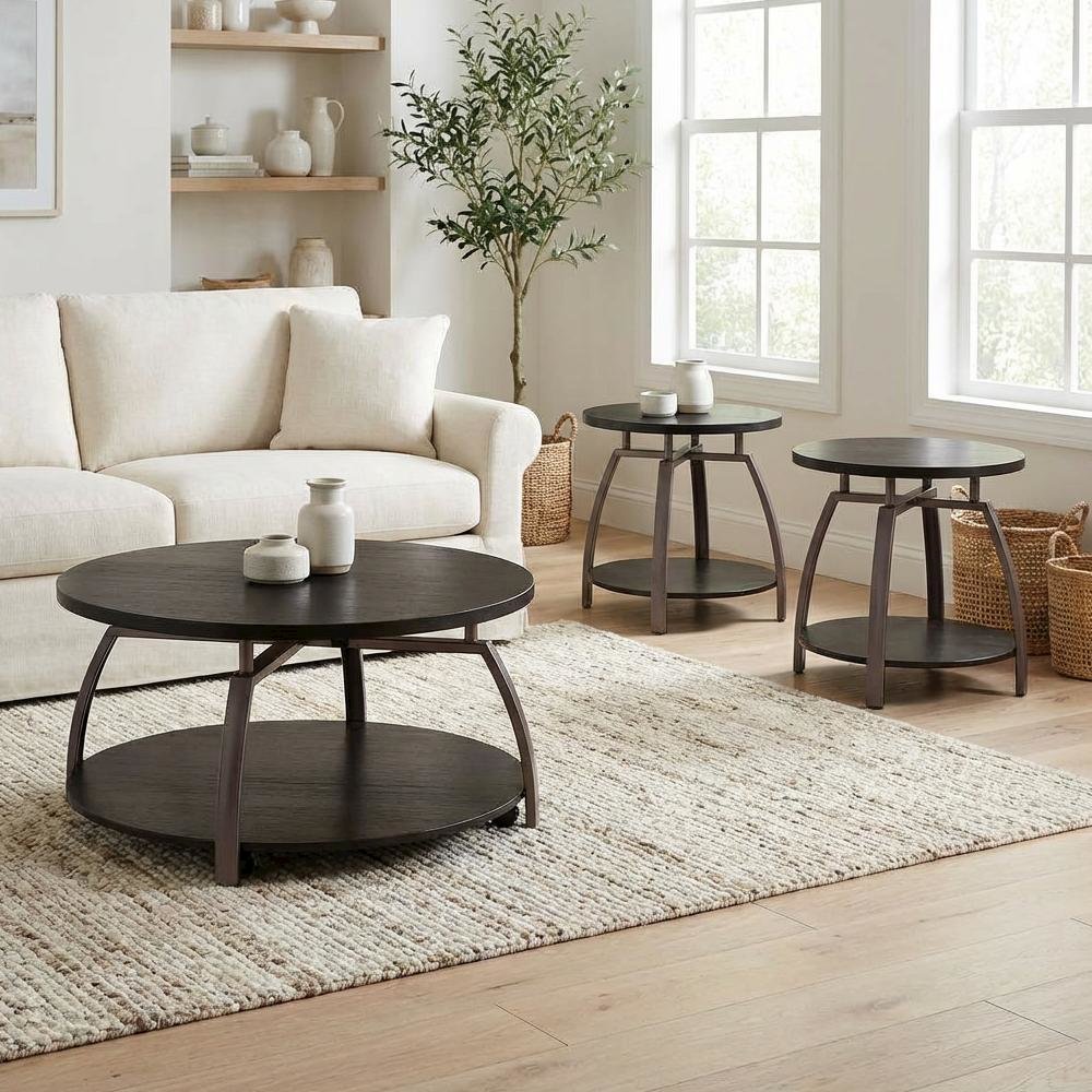 Dark Charcoal Round 3-Piece Coffee and End Table Set with Contemporary Design. Picture 3
