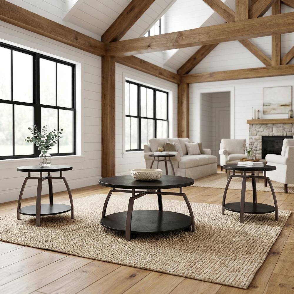 Dark Charcoal Round 3-Piece Coffee and End Table Set with Contemporary Design. Picture 2