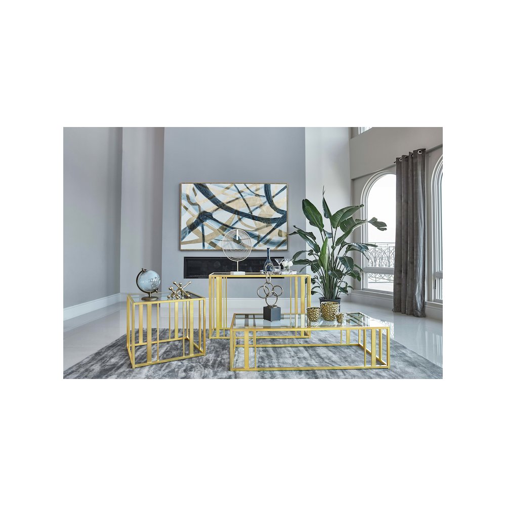 Adri Glass Top Entryway Sofa Console Table Matte Brass. Picture 9