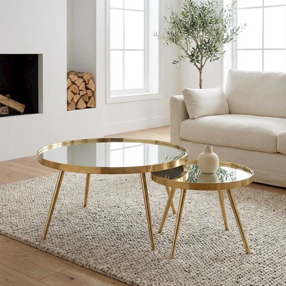 Gold Round Nesting Coffee Tables, Mirror Tops, 2-Piece Set, Contemporary Design. Picture 3