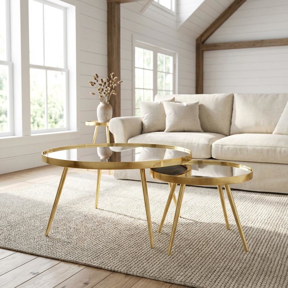 Gold Round Nesting Coffee Tables, Mirror Tops, 2-Piece Set, Contemporary Design. Picture 2