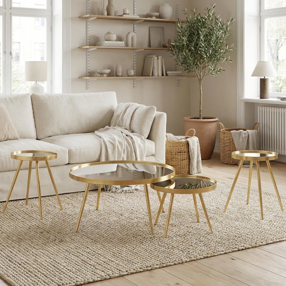 Gold 4-Piece Round Coffee and End Table Set, Contemporary Style. Picture 3