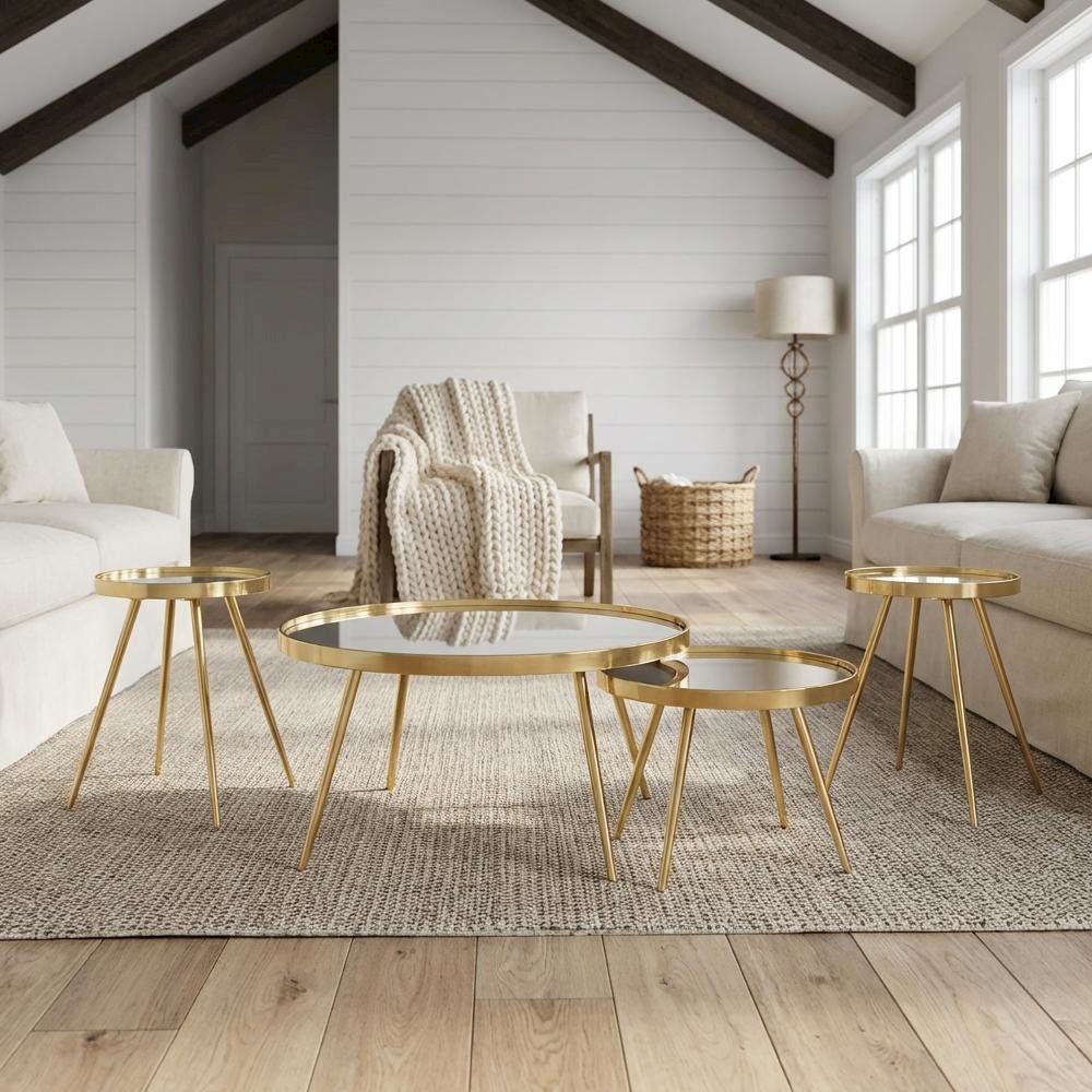 Gold 4-Piece Round Coffee and End Table Set, Contemporary Style. Picture 2