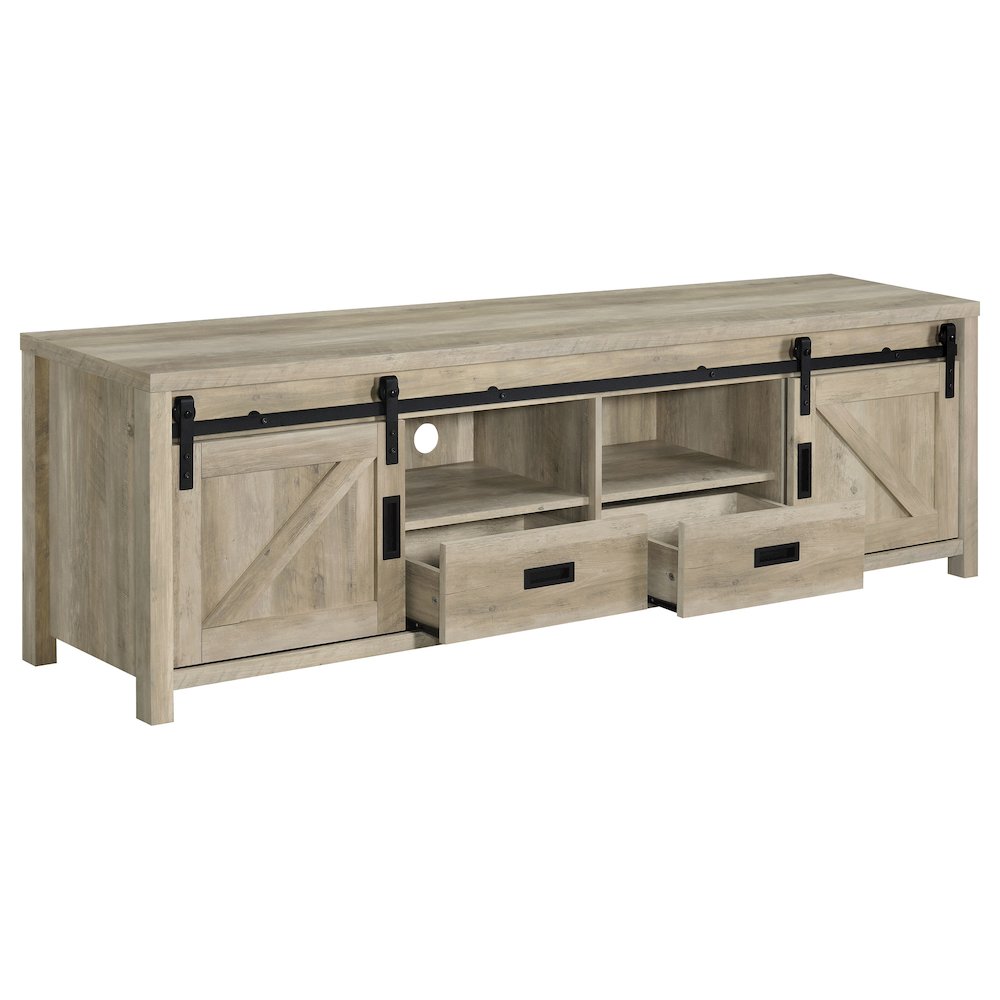 Madra 2-door Engineered Wood 79" TV Stand Distressed Pine. Picture 3