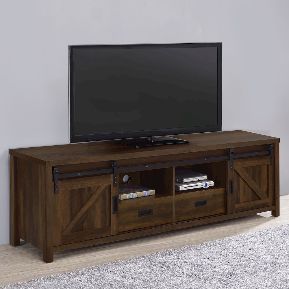 Madra 2-door Engineered Wood 79" TV Stand Dark Pine. Picture 12