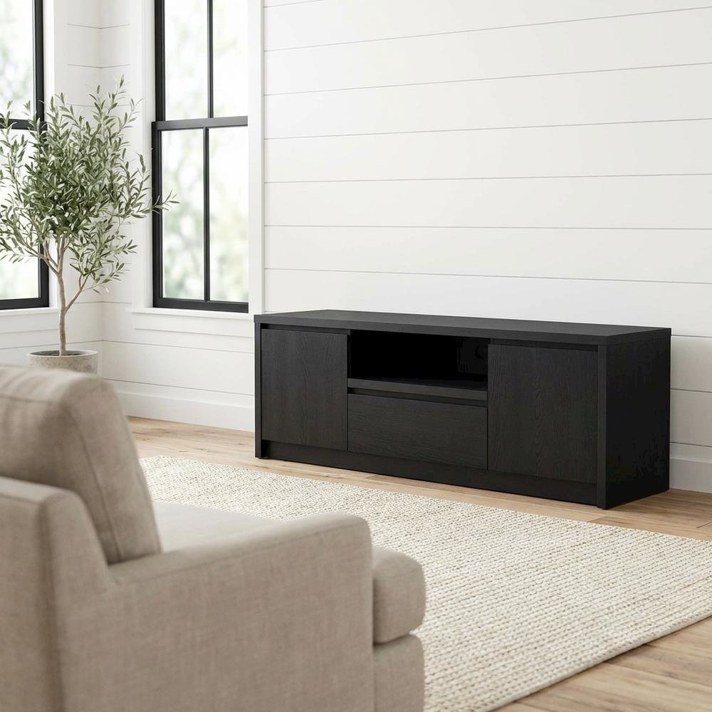 Black 2-Door TV Stand Media Console with Contemporary Style and Engineered Wood. Picture 2