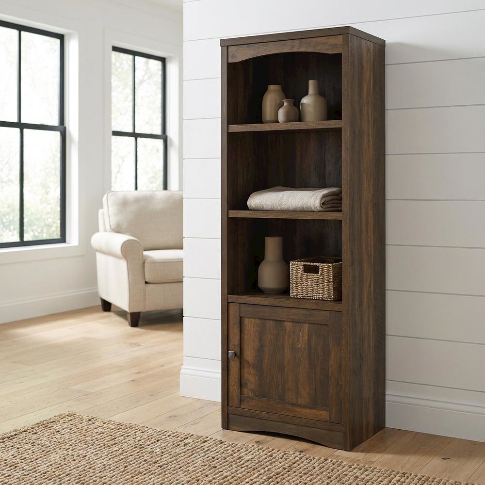 Dark Pine 3-Shelf Media Tower With Transitional Style And Tipover Restraint. Picture 2