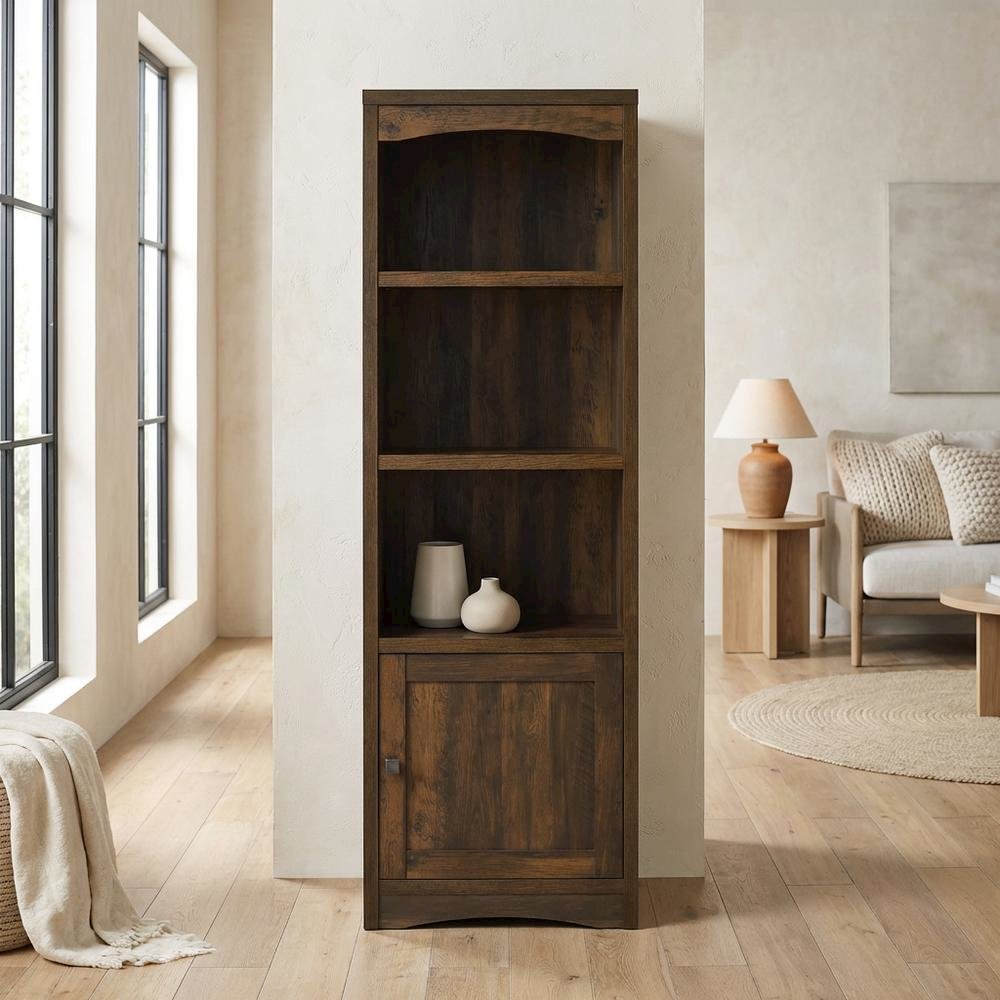 Dark Pine 3-Shelf Media Tower With Transitional Style And Tipover Restraint. Picture 3
