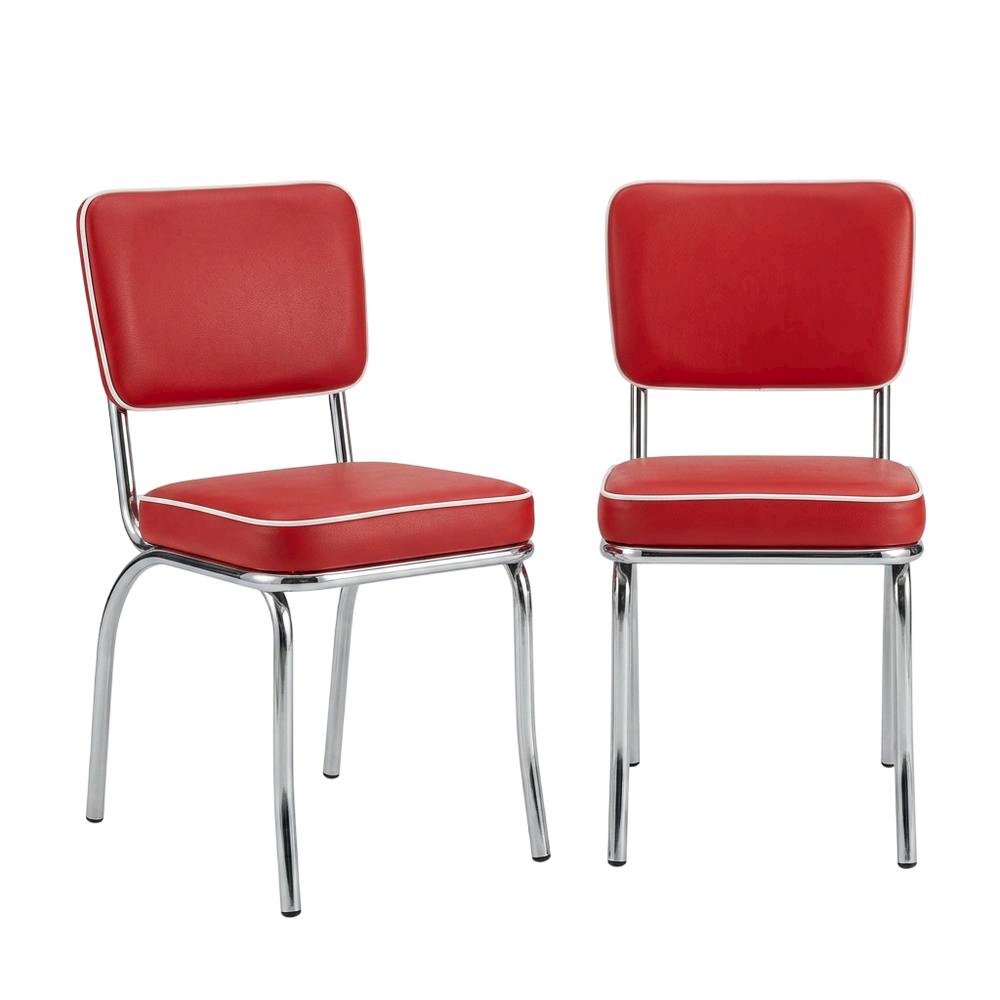 Set of 2 Upholstered Dining Chairs in Red with Chrome Legs for Dining. Picture 1