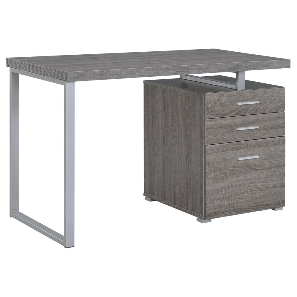 Weathered Grey 3-Drawer Office Desk with Functional Storage Solutions. Picture 2