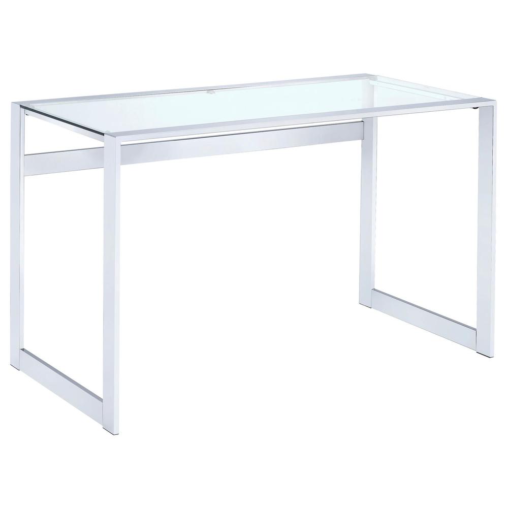 Modern Glass Top Desk with Chrome Metal Legs, Sleek Clear Glass Surface. Picture 1