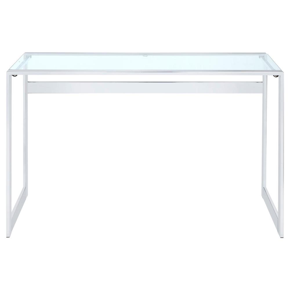 Modern Glass Top Desk with Chrome Metal Legs, Sleek Clear Glass Surface. Picture 5