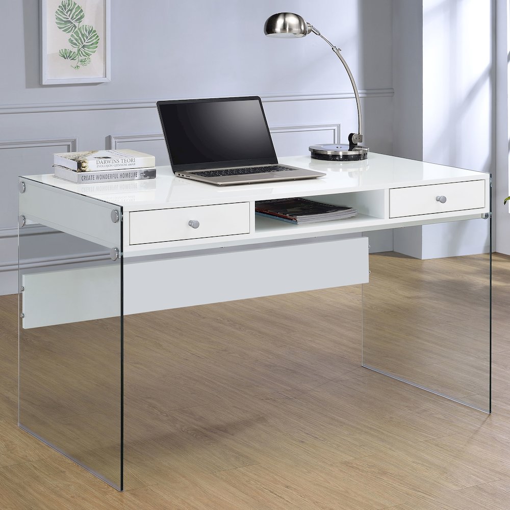 Dobrev 48-inch 2-drawer Writing Desk White High Gloss. Picture 11