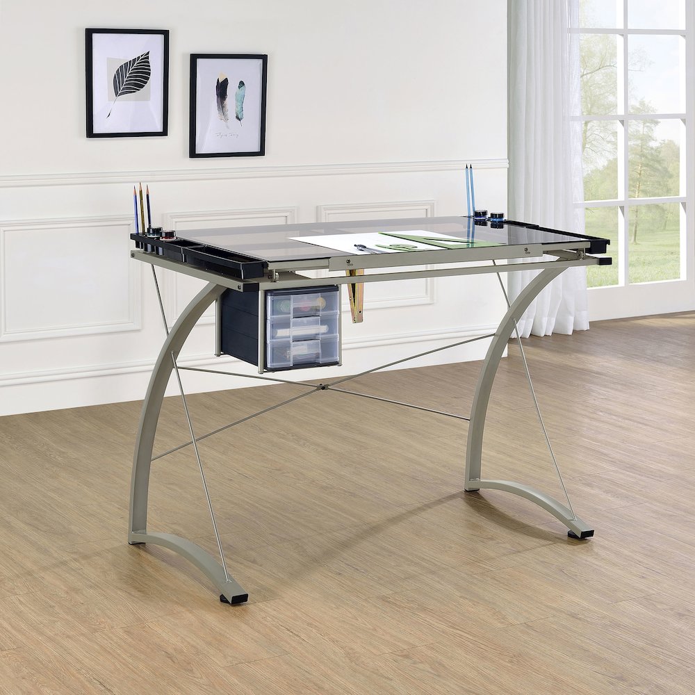 Melo 41-inch Glass Top Drafting Table with Storage Silver. Picture 12