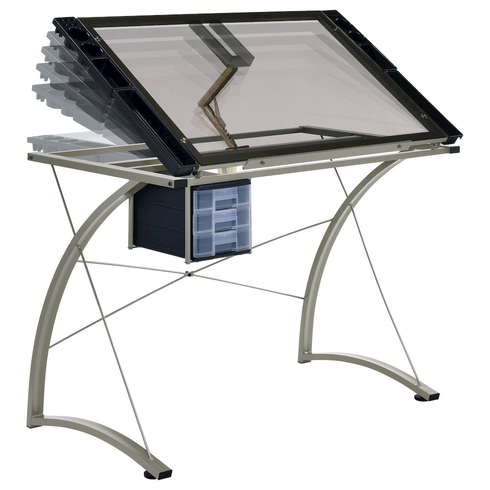 Melo 41-inch Glass Top Drafting Table with Storage Silver. Picture 3