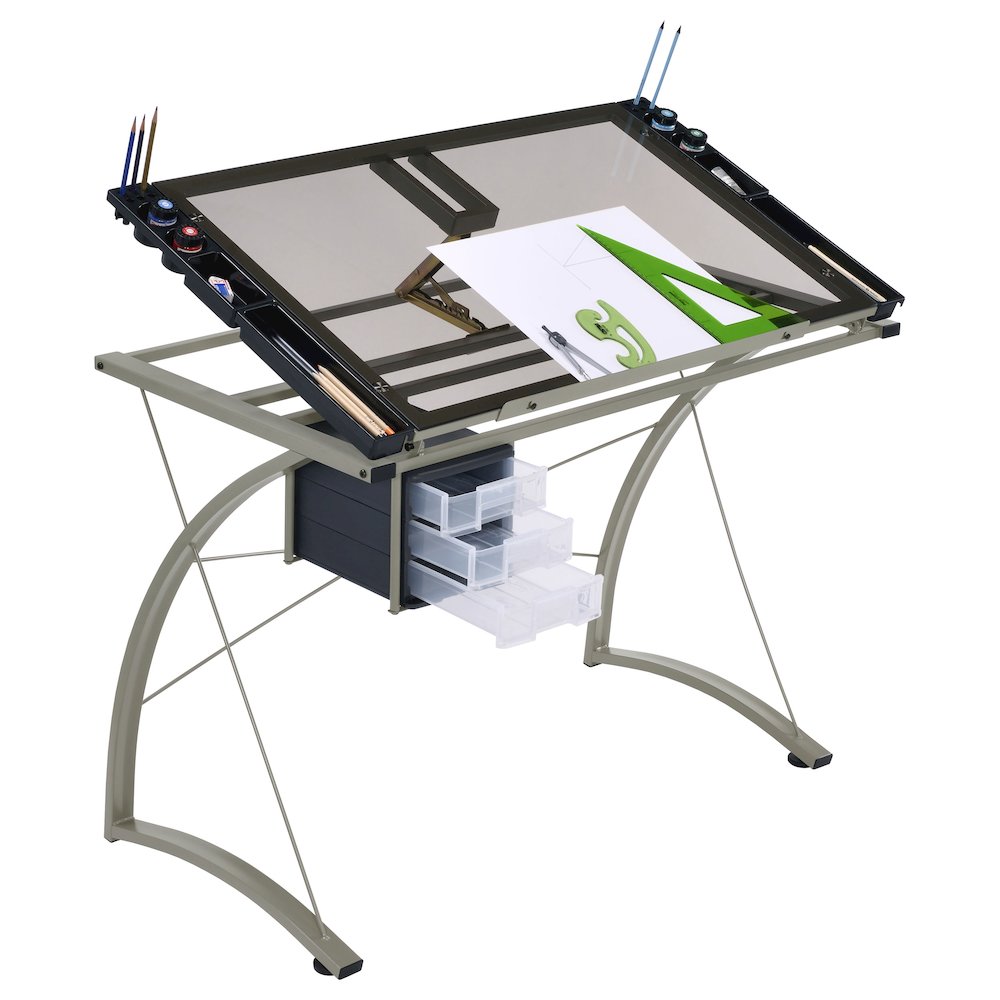 Melo 41-inch Glass Top Drafting Table with Storage Silver. Picture 4