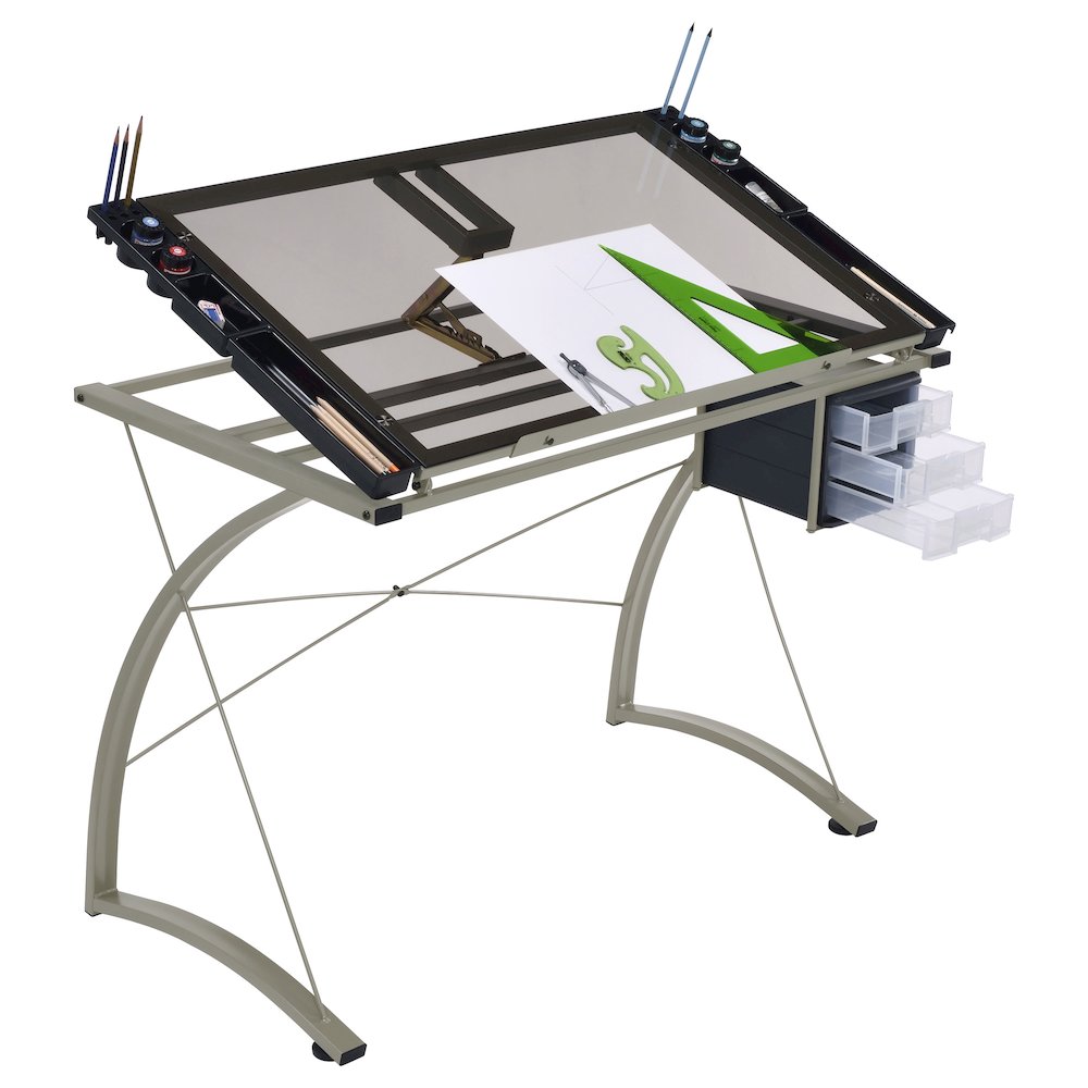 Melo 41-inch Glass Top Drafting Table with Storage Silver. Picture 5
