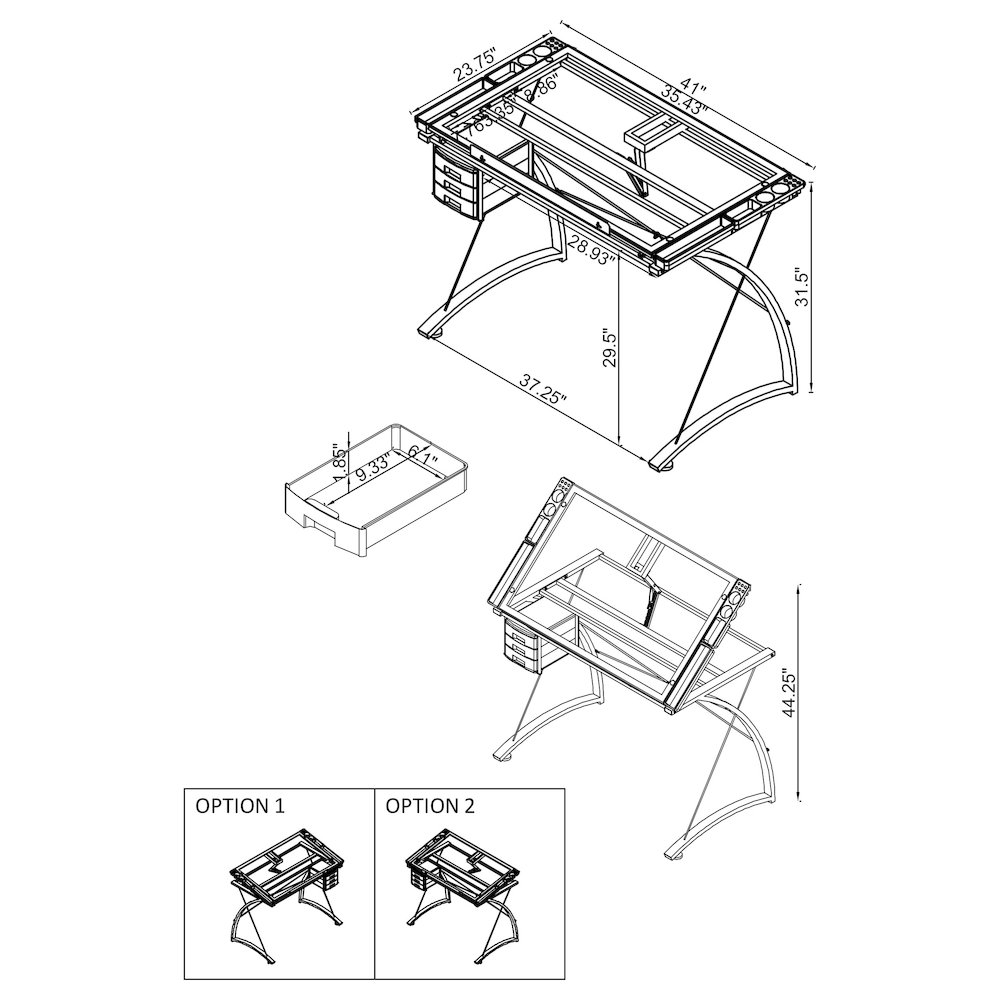 Melo 41-inch Glass Top Drafting Table with Storage Silver. Picture 14