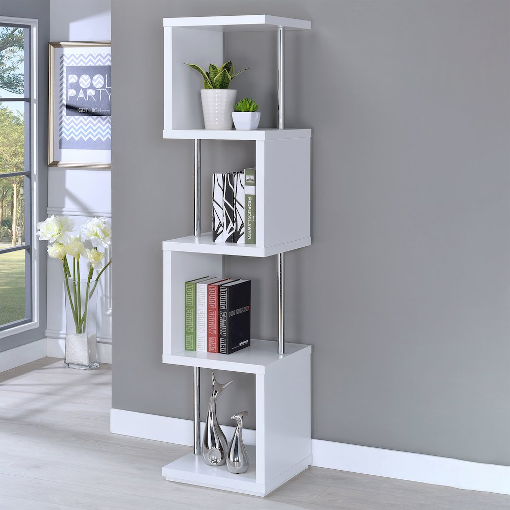 Baxter 67-inch 4-shelf Bookshelf White and Chrome. Picture 10