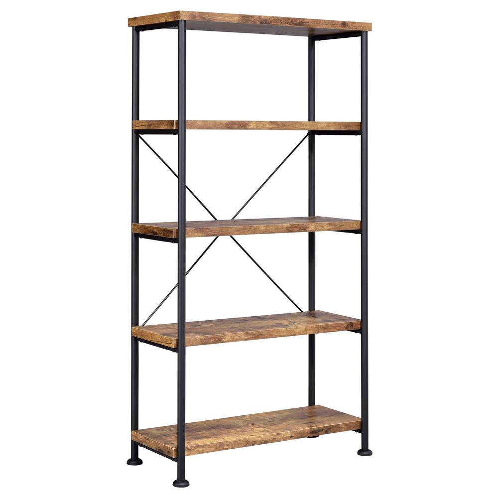 4-Shelf Wooden Bookcase in Antique Nutmeg with Industrial Design. Picture 1