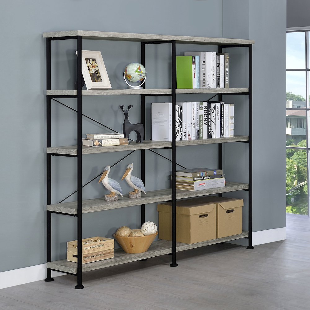Analiese 63-inch 4-shelf Double Bookshelf Grey Driftwood. Picture 8