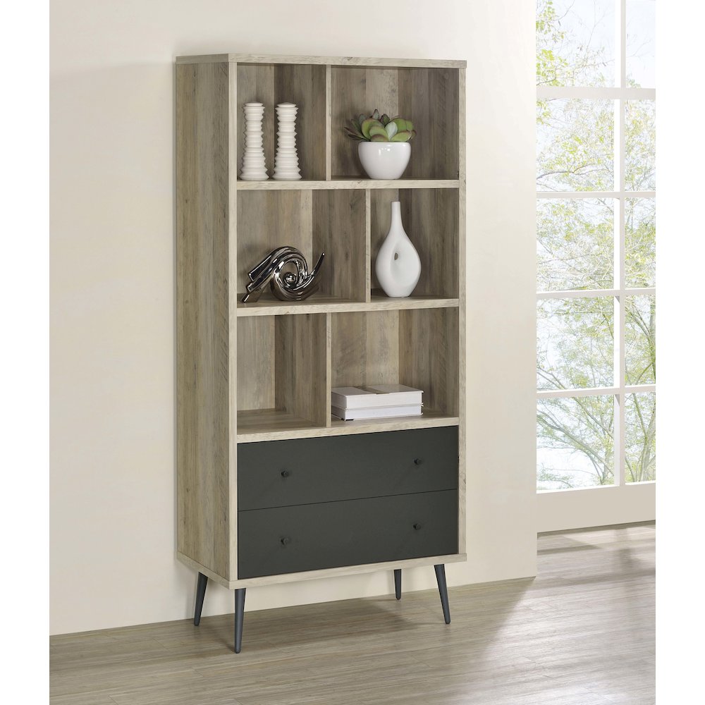 Maeve 70-inch 3-shelf Bookcase with Drawers Distressed Pine. Picture 11