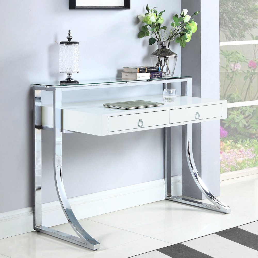 Gemma 48-inch 2-drawer Writing Desk White High Gloss. Picture 10