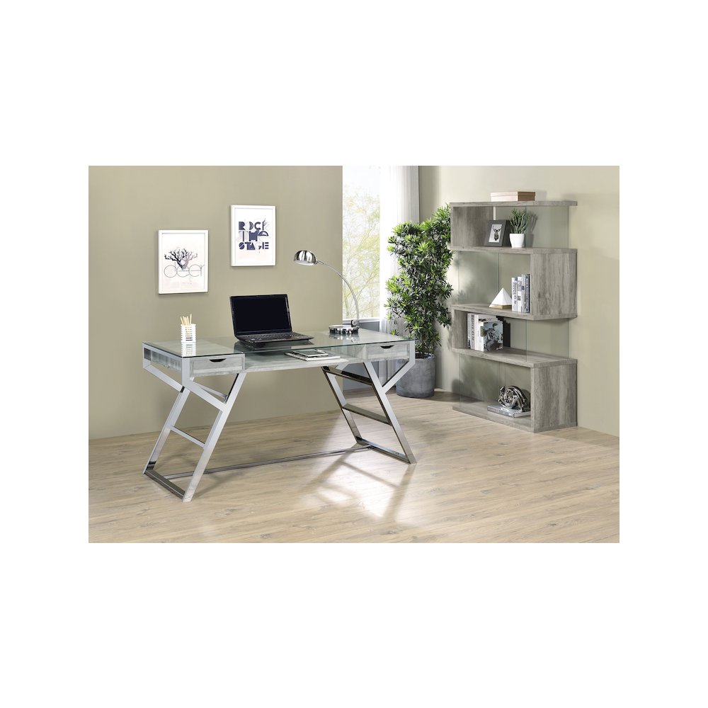Emelle 63-inch 4-shelf Glass Panel Bookshelf Grey Driftwood. Picture 10