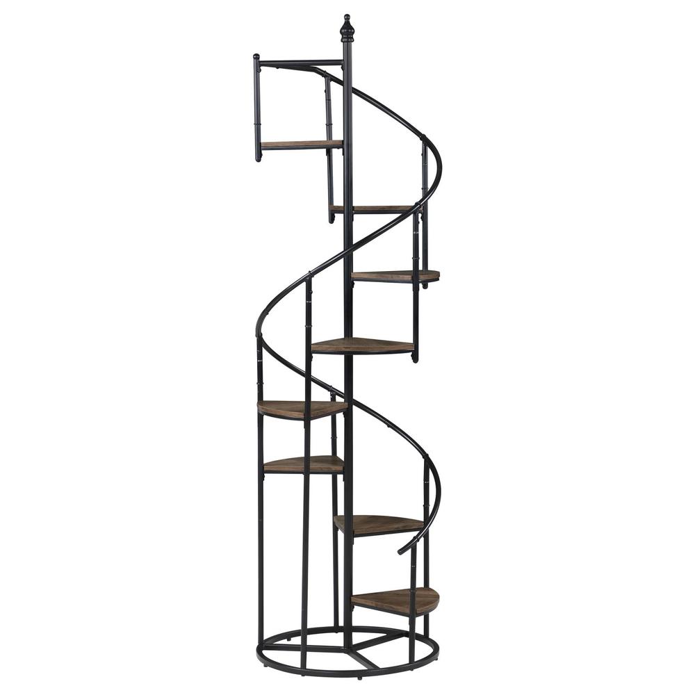 Stylish 8-Shelf Spiral Staircase Bookcase in Rustic Brown and Black Finish. Picture 1
