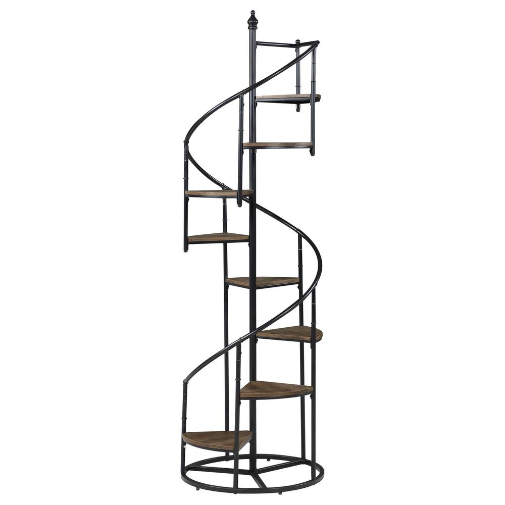 Stylish 8-Shelf Spiral Staircase Bookcase in Rustic Brown and Black Finish. Picture 2