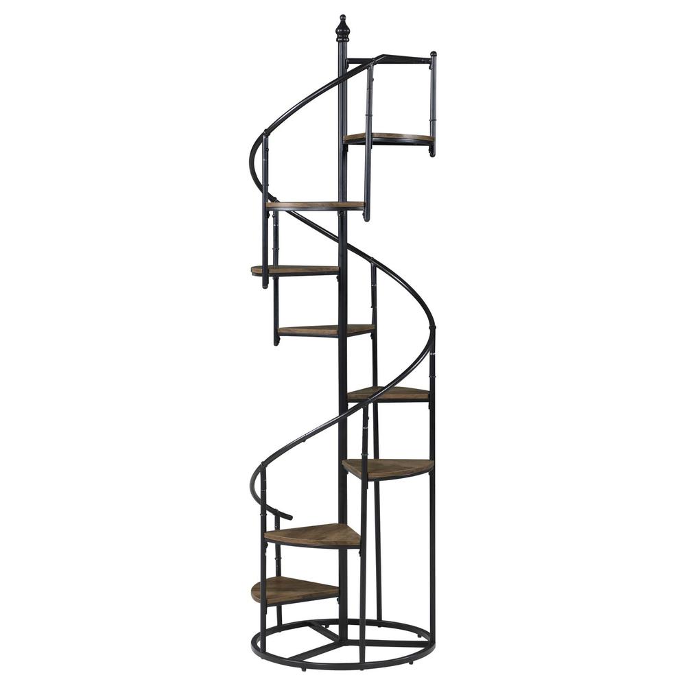 Stylish 8-Shelf Spiral Staircase Bookcase in Rustic Brown and Black Finish. Picture 3