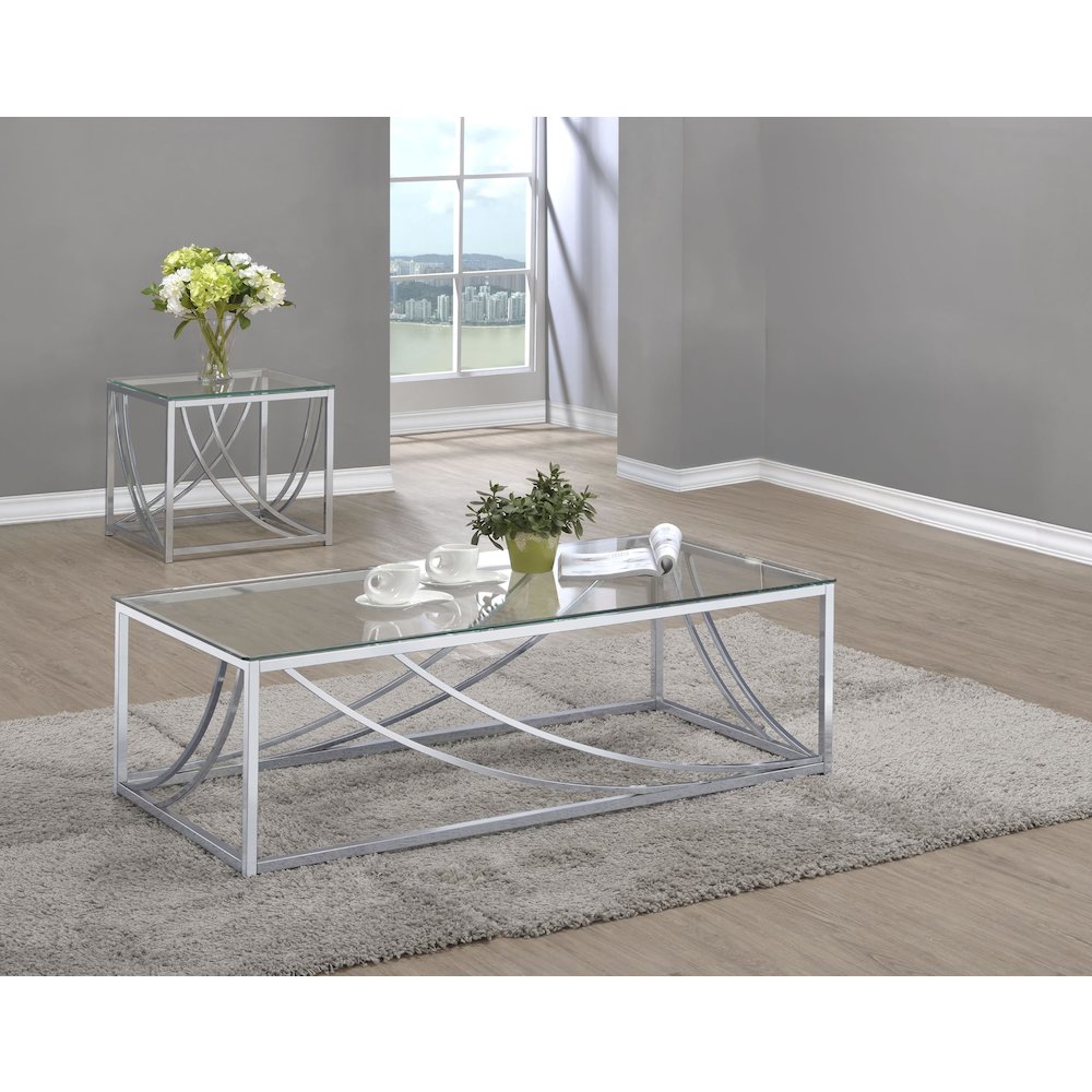 Lille 2-piece Glass Top Coffee End Sofa Table Set Chrome. Picture 2