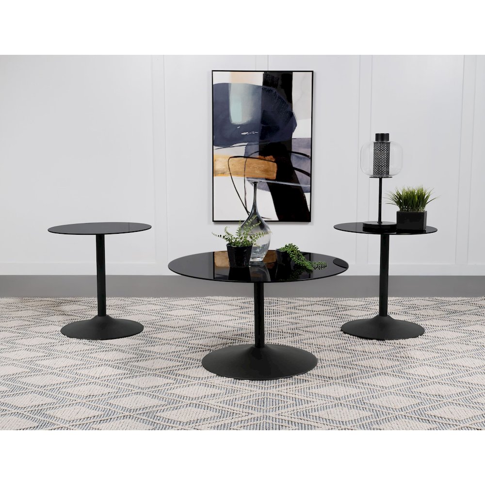 Ganso 3-piece Round Glass Top Coffee and End Table Set Black. Picture 2