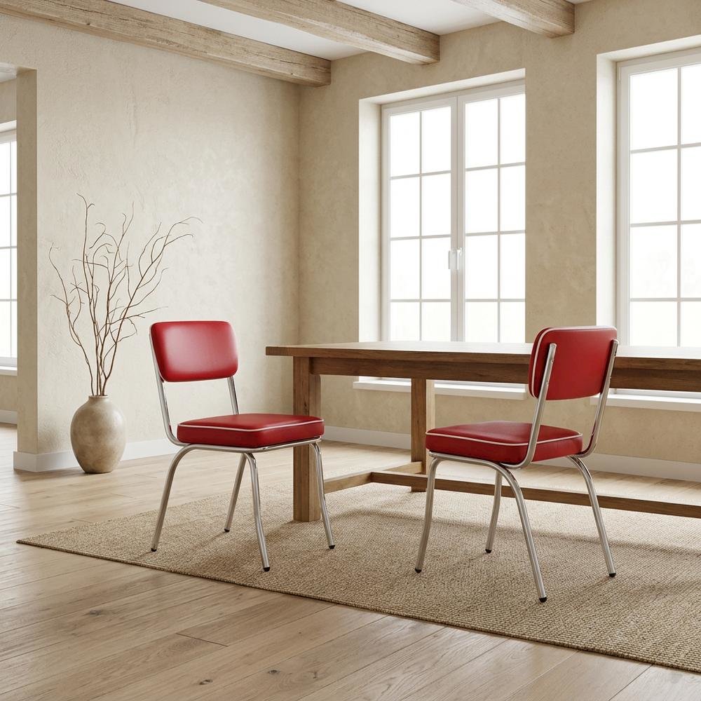 Set of 2 Upholstered Dining Chairs in Red with Chrome Legs for Dining. Picture 3