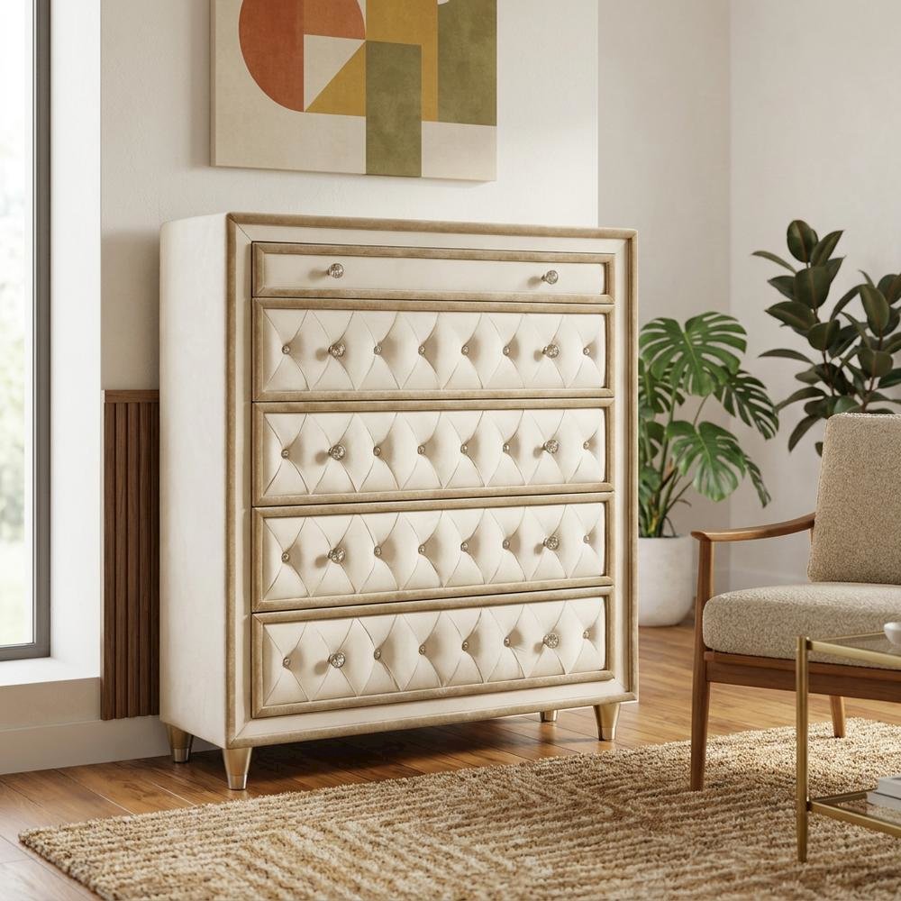 Ivory and Camel Bedroom Chest with 5 Drawers for Storage and Organization. Picture 2