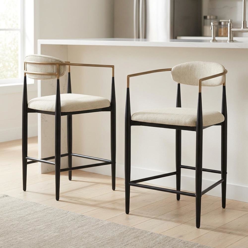 Beige Fabric Upholstered Counter Chairs Set of 2 with Contemporary Style. Picture 2