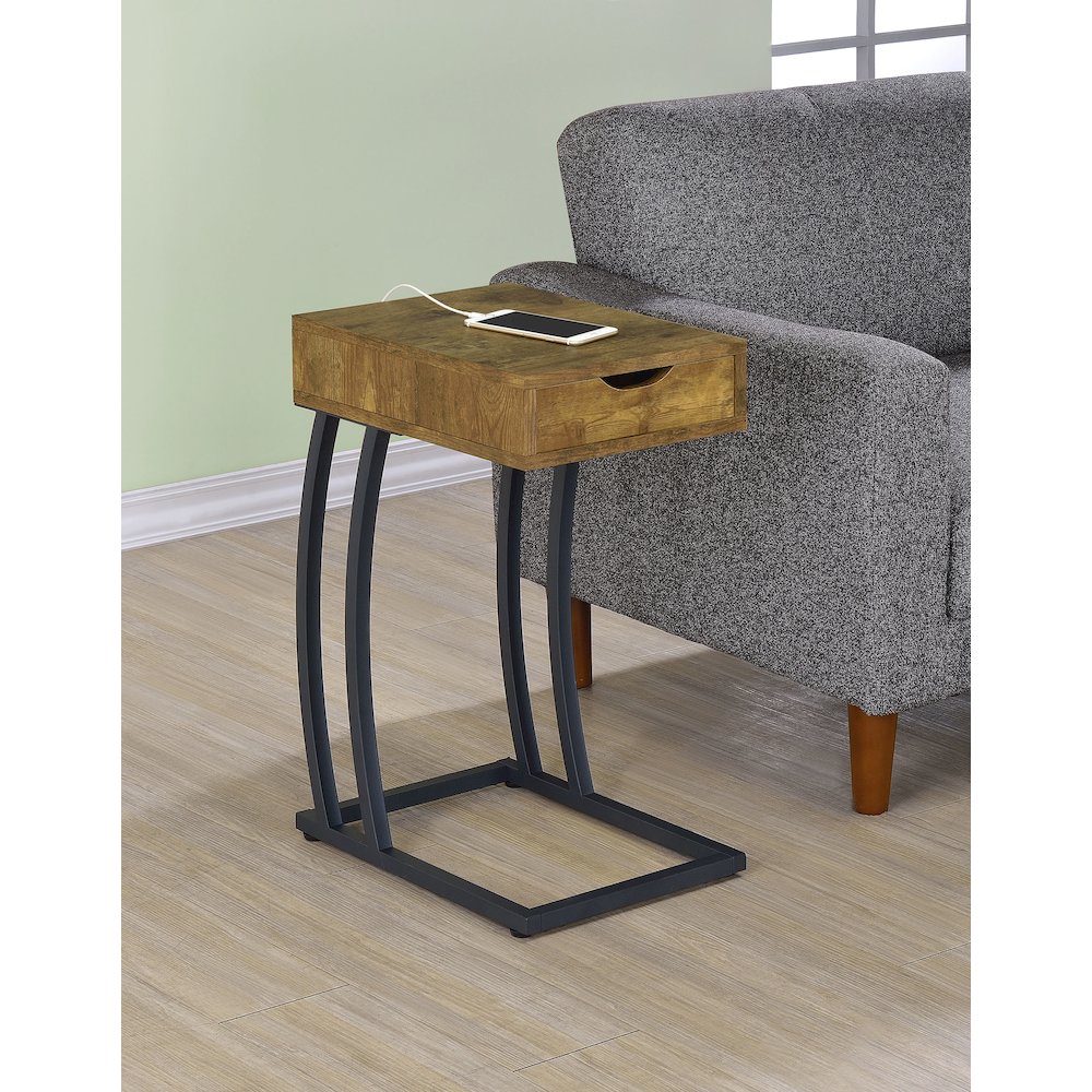 Troy 1-drawer C-Shaped Side Table Power Outlet Rustic Nutmeg. Picture 3